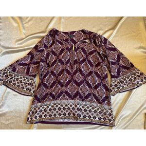 Roz & Ali 2X Plus V-neck Zip 3/4 Bell Sleeve Purple Tunic Top Boho Flowy Stretch